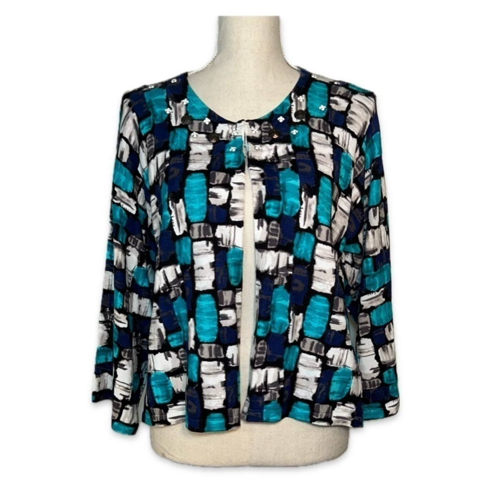 Emma James Cardigan Sweater Women’s Size XL Turquoise/Blue/White Beaded